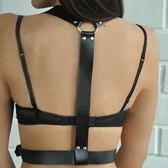 Black Wide Suspender Straps Adjustable Body Harness Chest Harness Belt NEW - Picture 2 of 4